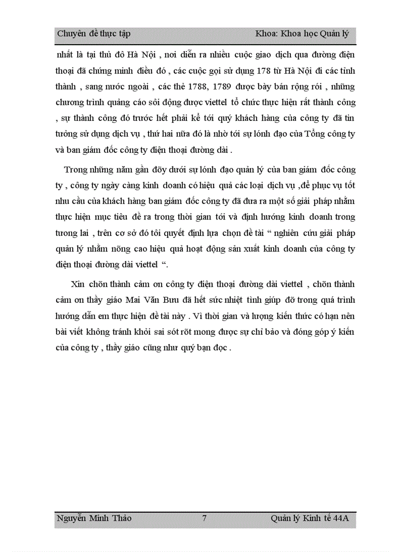 Nghiên cứu giải pháp quản lý nhằm nâng cao hiệu quả hoạt động sản xuất kinh doanh của công ty điện thoại đường dài Viettel