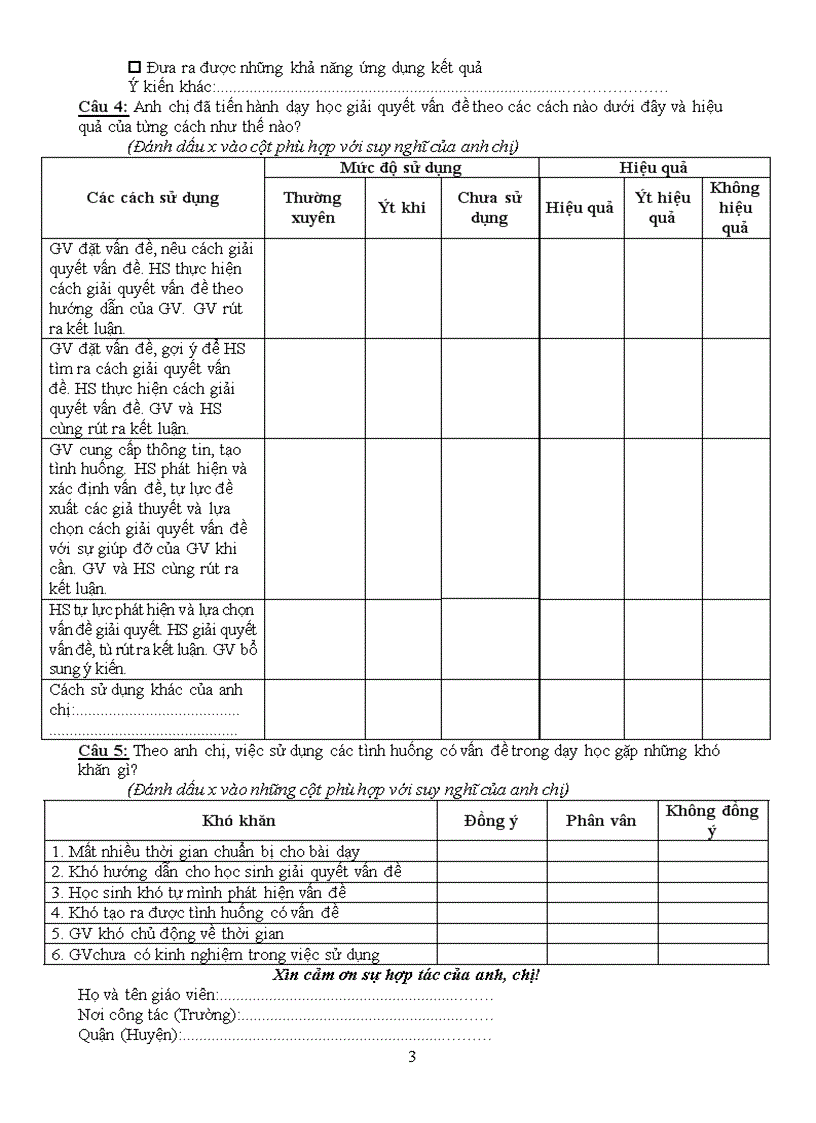 Phiếu điều tra tình hình dạy và học của giáo viên và học sinh