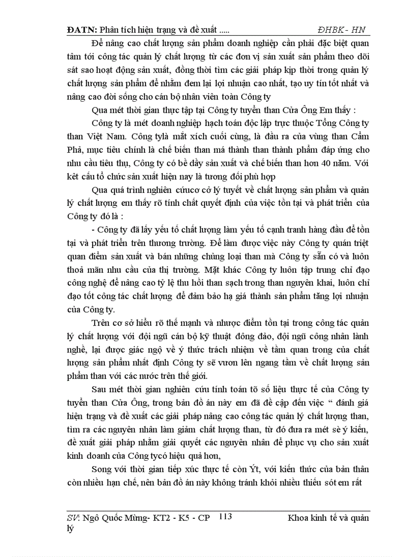 image for page Phân tích hiện trạng và đề xuất nâng cao chất lượng của Công ty Tuyển Than Cửa Ông.