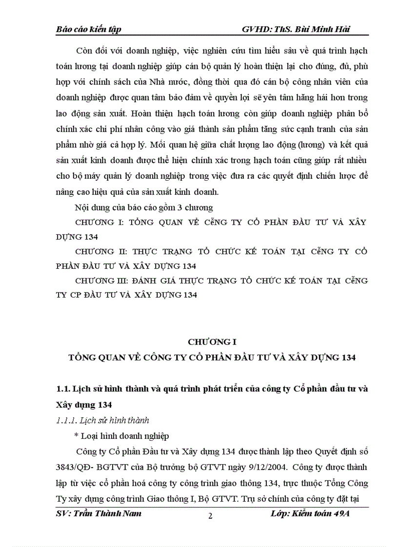 Đánh giá thực trạng tổ chức kế toán tại công ty cp đầu tư và xây dựng 134