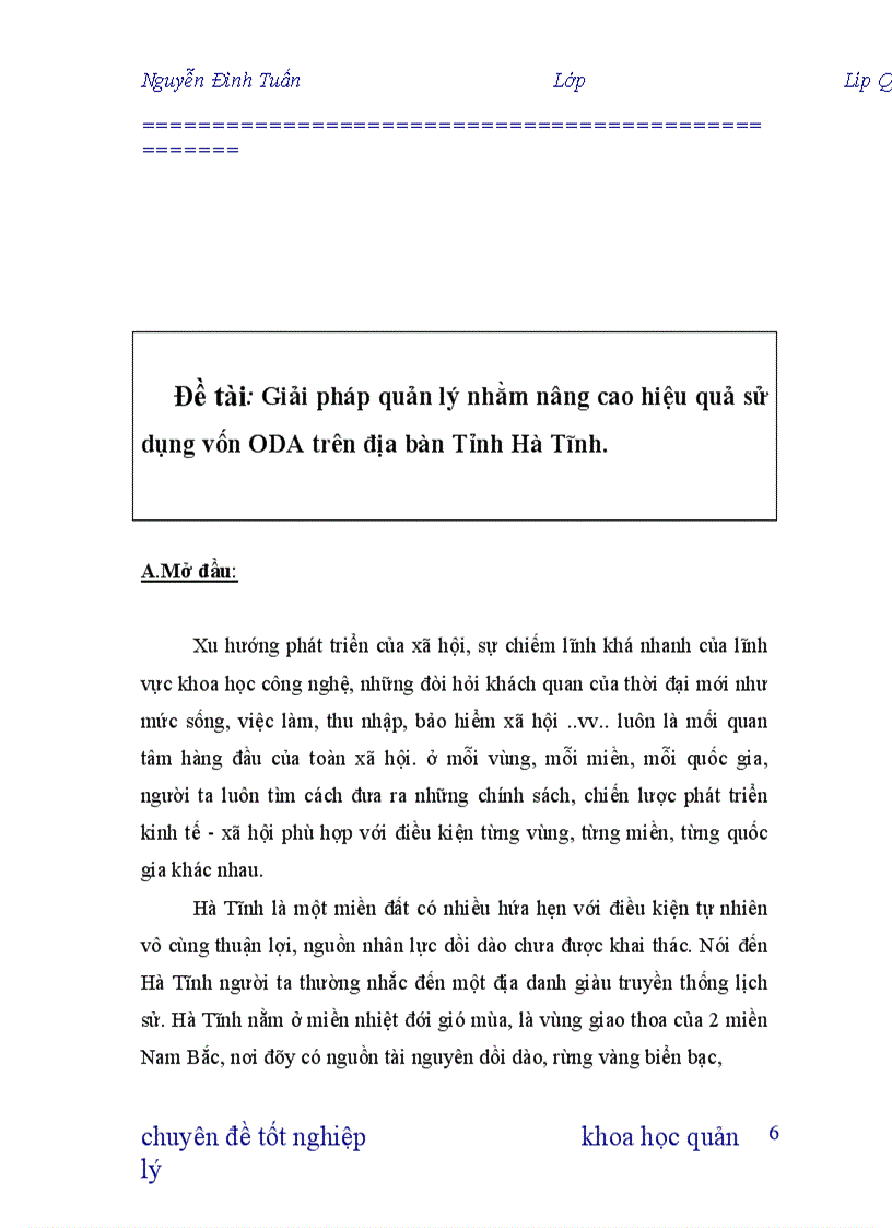 Giải pháp quản lý nhằm nâng cao hiệu quả sử dụng vốn ODA trên địa bàn tỉnh Hà Tĩnh