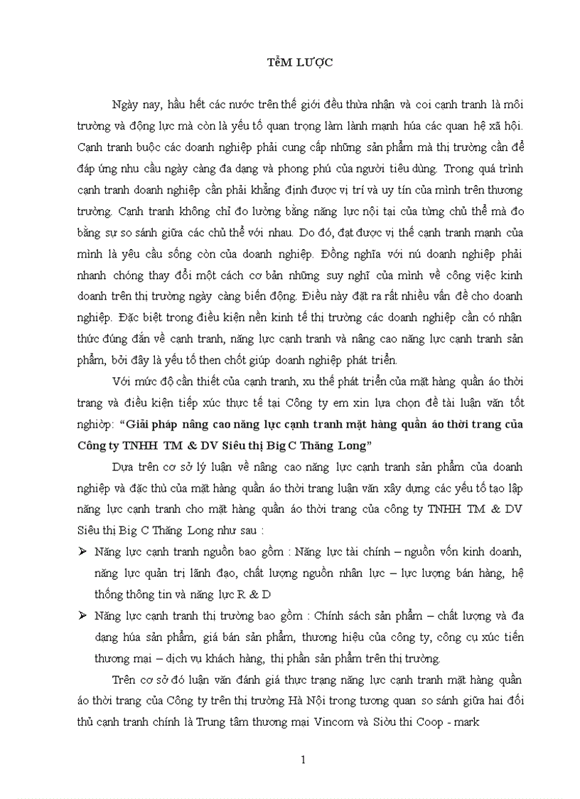Giải pháp nâng cao năng lực cạnh tranh mặt hàng quần áo thời trang của Công ty TNHH Thương Mại và Dịch vụ Siêu thị Big C Thăng Long