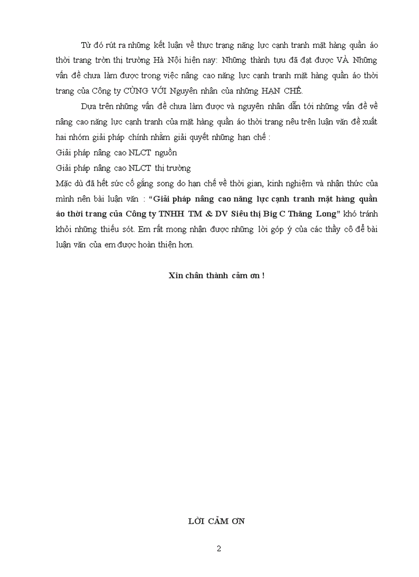 Giải pháp nâng cao năng lực cạnh tranh mặt hàng quần áo thời trang của Công ty TNHH Thương Mại và Dịch vụ Siêu thị Big C Thăng Long