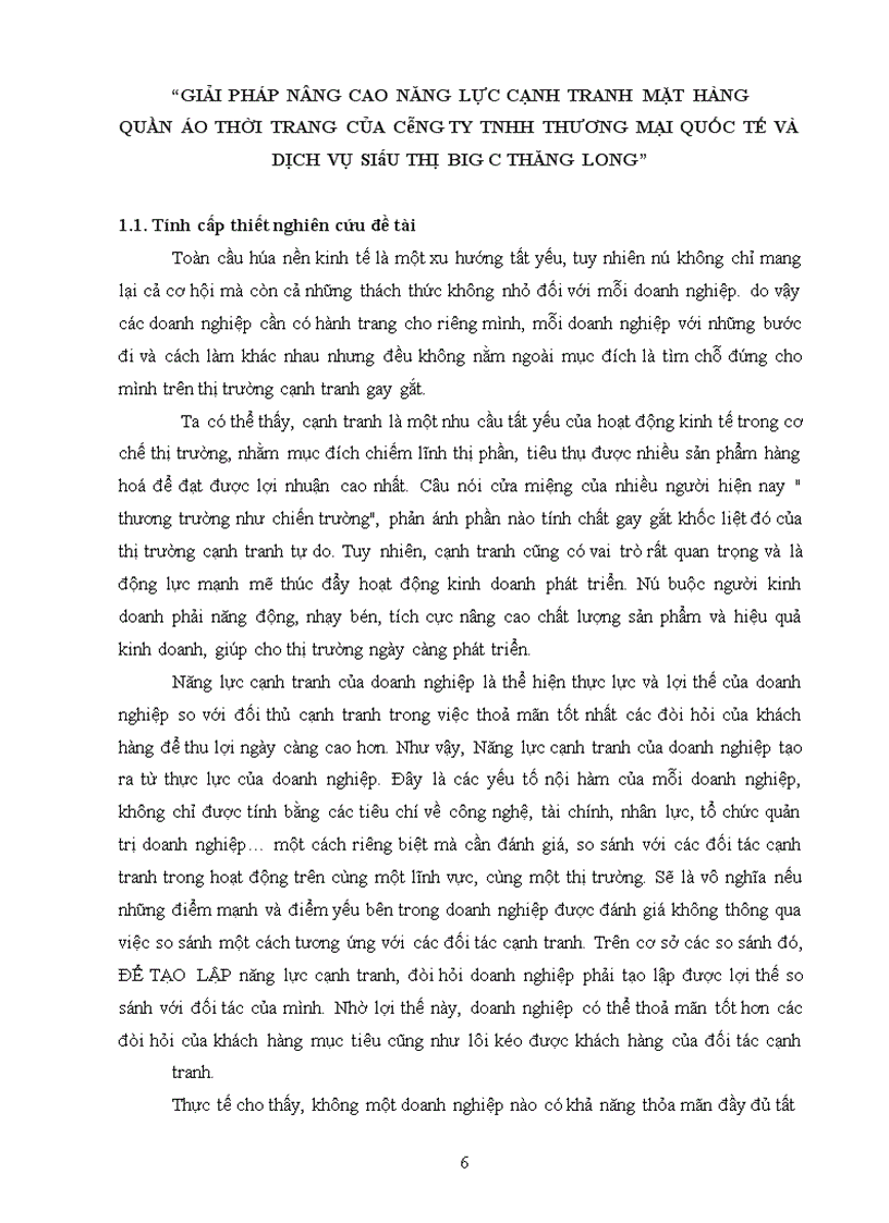 Giải pháp nâng cao năng lực cạnh tranh mặt hàng quần áo thời trang của Công ty TNHH Thương Mại và Dịch vụ Siêu thị Big C Thăng Long