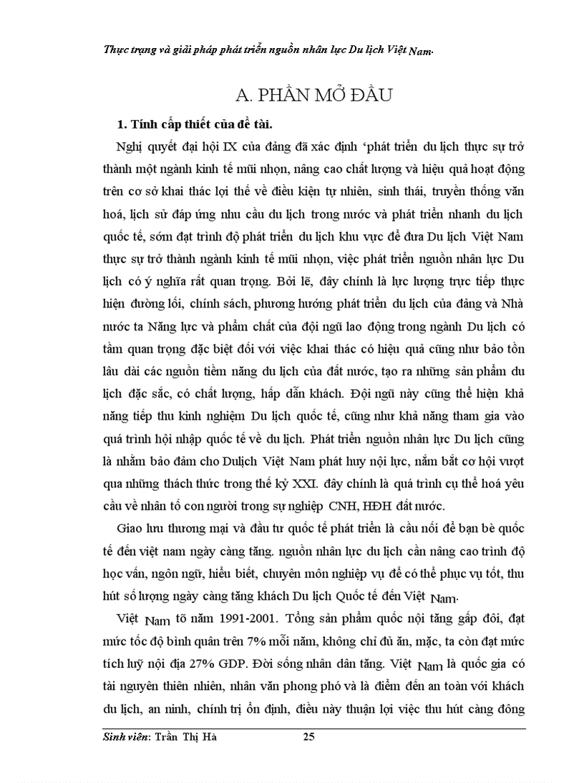 Thực trạng và giải pháp phát triển nguồn nhân lực Du lịch Việt Nam.