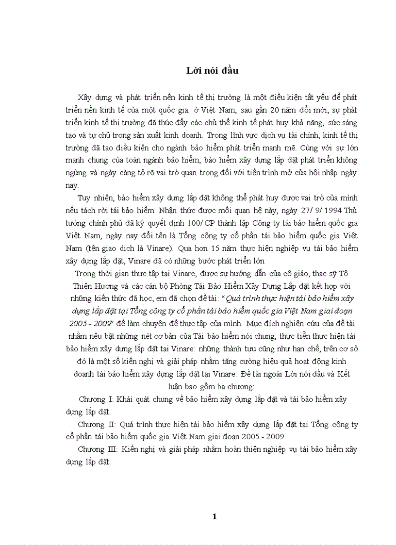 image for page Quá trình thực hiện tái bảo hiểm xây dựng lắp đặt tại Tổng công ty cổ phần tái bảo hiểm quốc gia Việt Nam giai đoạn 2005 - 2009