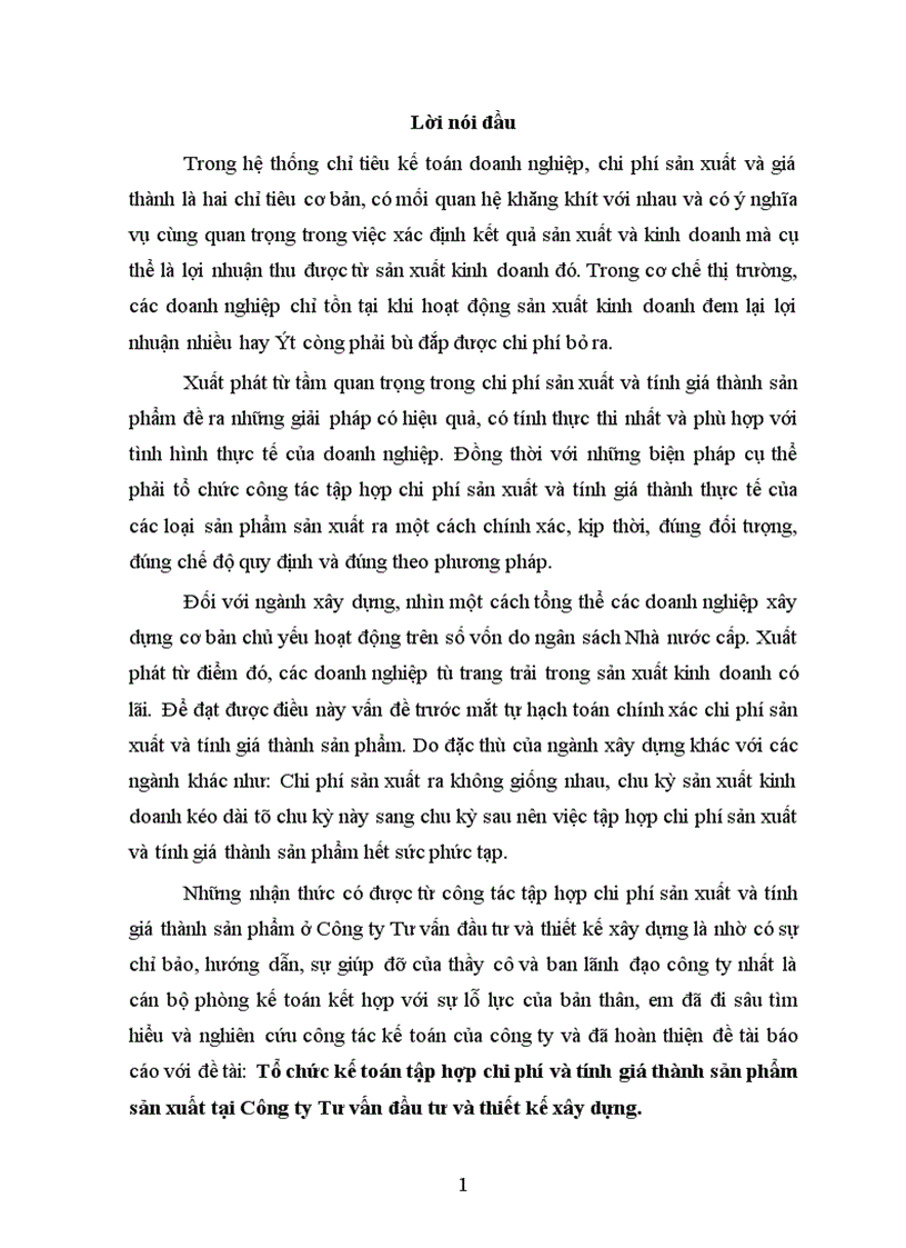 Tổ chức tập hợp chi phí sản xuất và tính giá thành sản phẩm tại Công ty Tư vấn đầu tư và thiết kế xây dựng ng