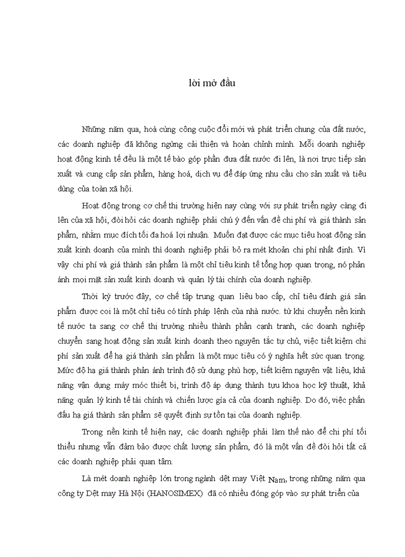 image for page Phân tích chi phí sản xuất kinh doanh và các biện pháp hạ giá thành sản phẩm tại Công ty Dệt may Hà Nội