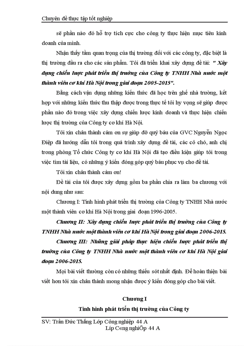 Xây dựng chiến lược phát triển thị trường của Công ty TNHH Nhà nước một thành viên cơ khí Hà Nội trong giai đoạn 2005-2015
