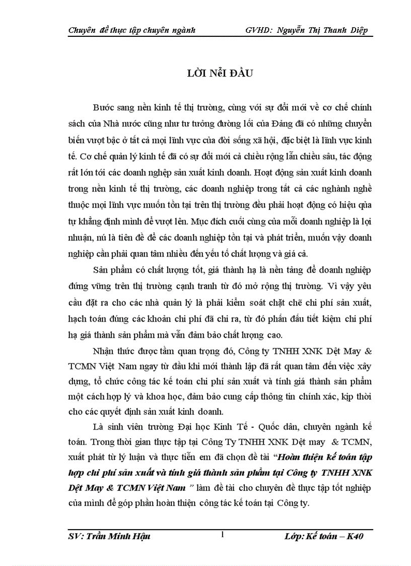 image for page Hoàn thiện kế toán tập hợp chi phí sản xuất và tính giá thành sản phẩm tại Công ty TNHH XNK Dệt May & TCMN Việt Nam