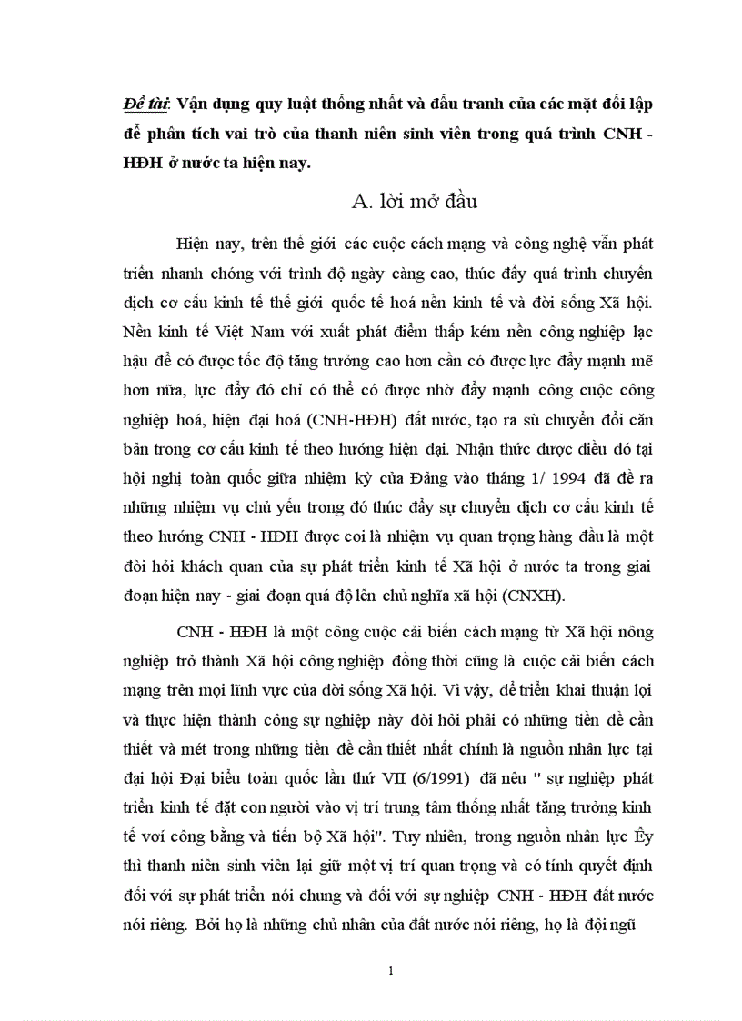 image for page Vận dụng quy luật thống nhất và đấu tranh của các mặt đối lập để phân tích vai trò của thanh niên sinh viên trong quá trình CNH-HĐH ở nước ta hiện nay.