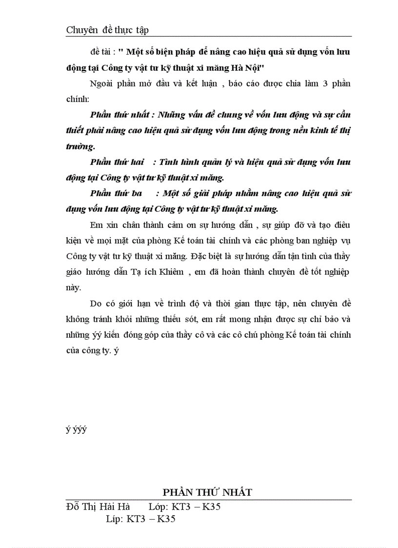 Một số biện pháp để nâng cao hiệu quả sử dụng vốn lưu động tại Công ty vật tư kỹ thuật xi măng Hà Nội