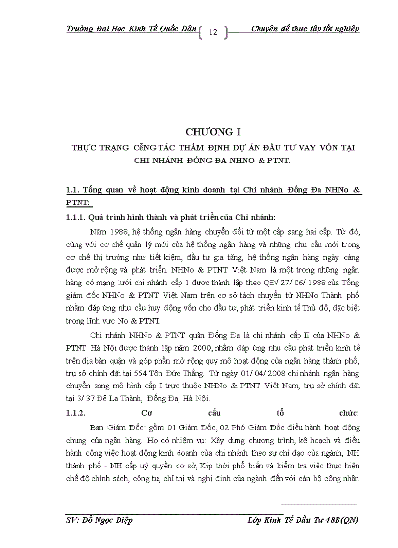 image for page Thực trạng công tác thẩm định dự án đầu tư vay vốn tại Chi nhánh Đống Đa NHNo & PTNT.