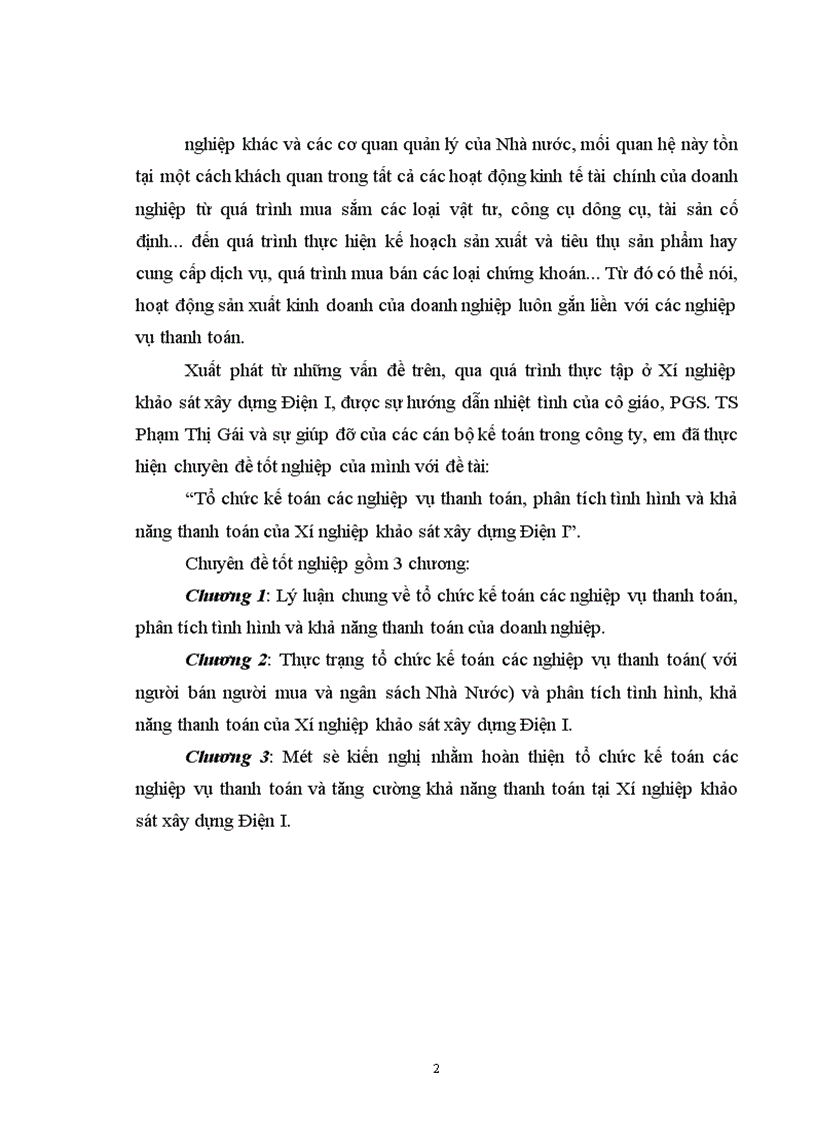 image for page Tổ chức kế toán các nghiệp vụ thanh toán, phân tích tình hình và khả năng thanh toán của Xí nghiệp khảo sát xây dựng Điện I