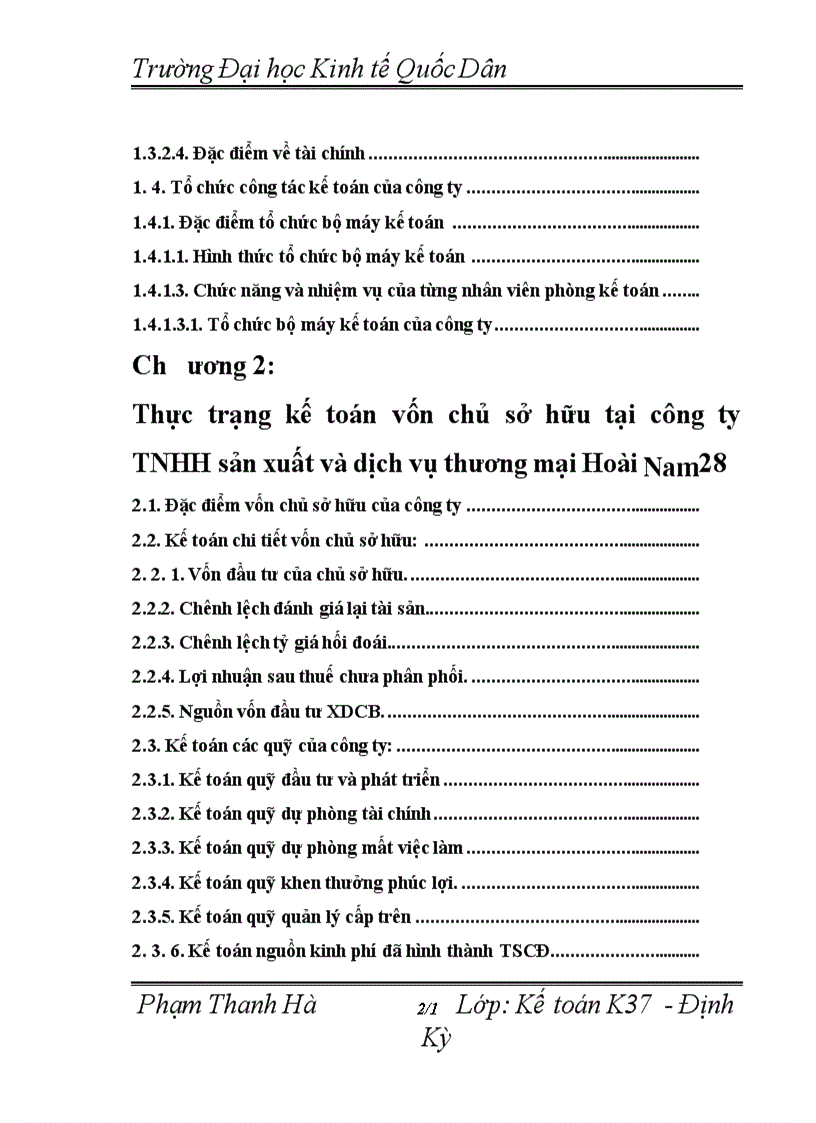 Kế toán vốn chủ sở hữu tại Công ty TNHH Sản xuất & Dịch vụ Thươơng mại Hoài Nam.