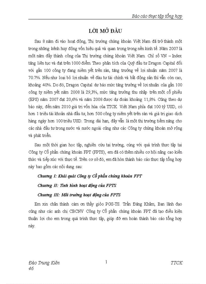 Báo cáo thực tập tại Công ty Cổ phần chứng khoán FPT