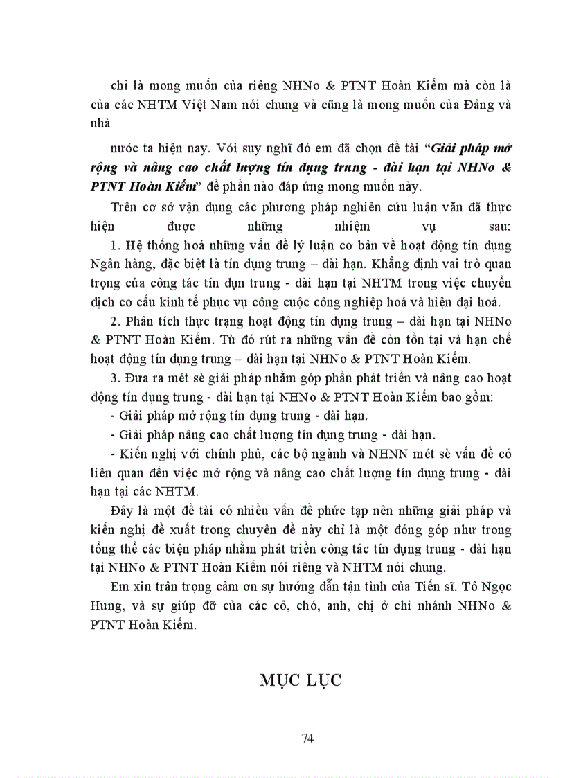 image for page Giải pháp mở rộng và nâng cao chất lượng tín dụng trung - dài hạn tại NHNo & PTNT Hoàn Kiếm