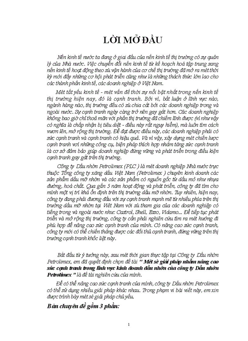 Một số giải pháp nhằm nâng cao sức cạnh tranh trong lĩnh vực kinh doanh dầu nhờn của công ty Dầu nhờn Petrolimex