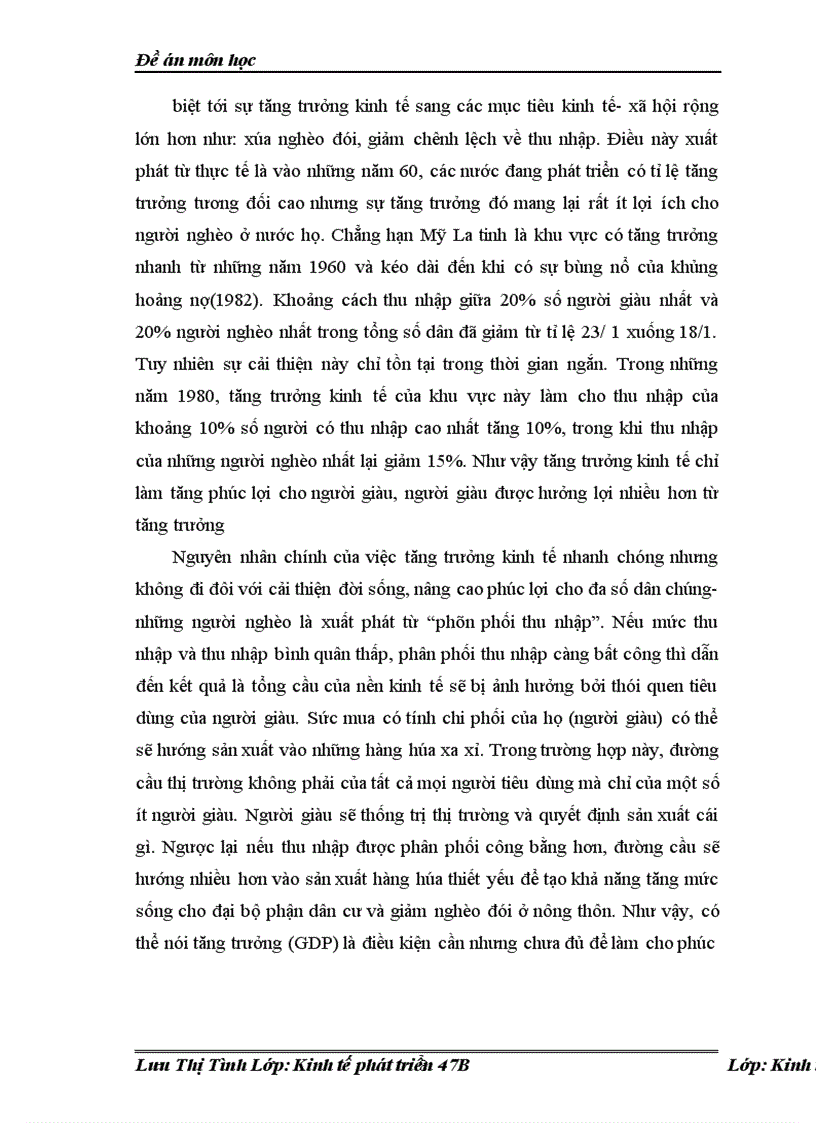 Đề án môn học Mối quan hệ giữa tăng trưởng kinh tế và công bằng trong phân phối thu nhập