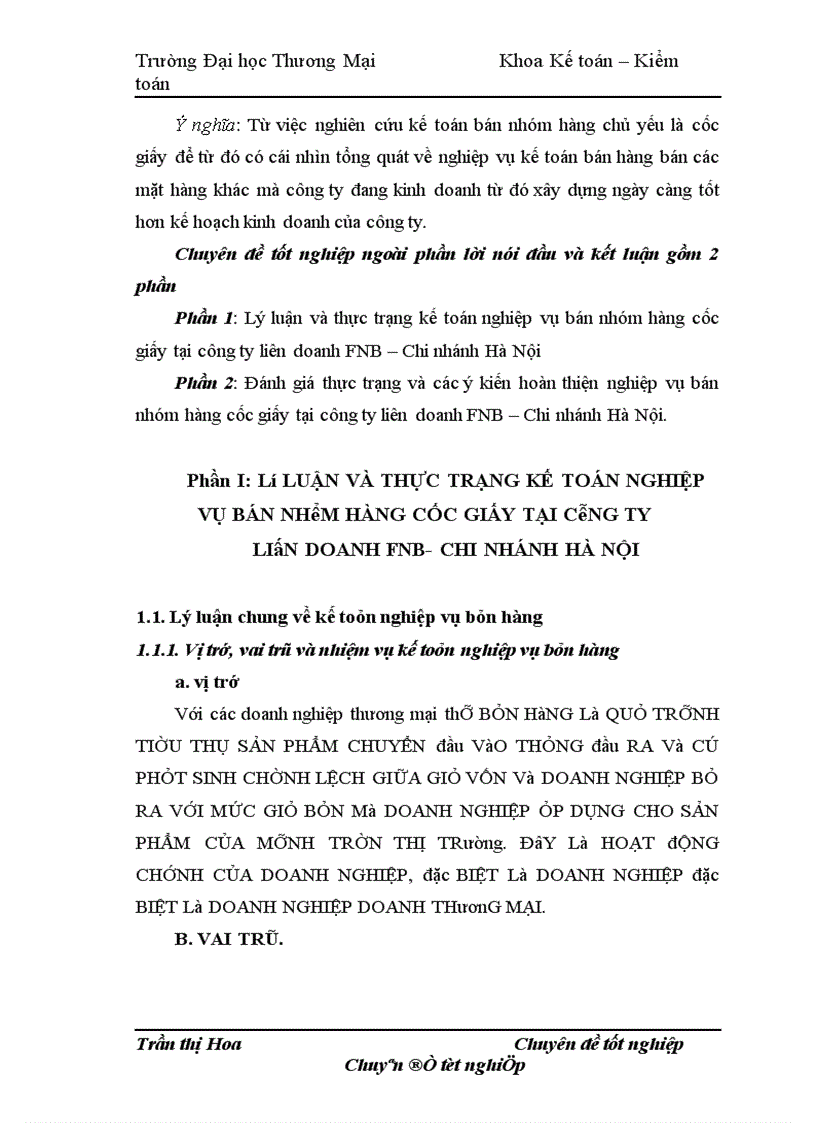 Hoàn thiện phương pháp kế toán nghiệp vụ bán hàng nhóm hàng cốc giấy tại công ty liên danh FNB – Chi nhánh Hà Nội