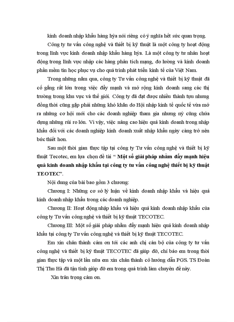 Một số giải pháp nhằm đẩy mạnh hiệu quả kinh doanh nhập khẩu tại công ty tư vấn công nghệ thiết bị kỹ thuật TEOTEC