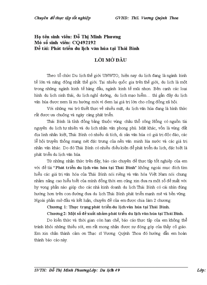 image for page Phát triển du lịch văn hóa tại Thái Bình LỜI MỞ ĐẦU Theo tổ chức Du lịch thế giới UNWTO