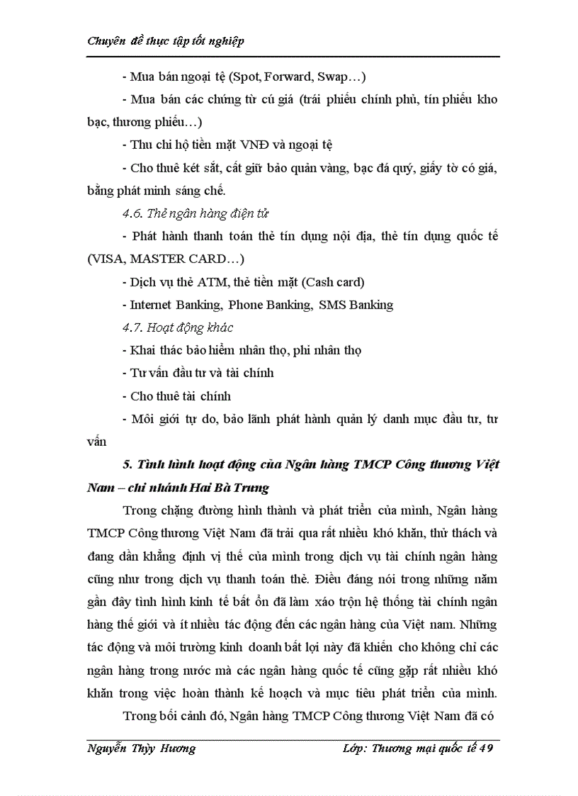 Thực trạng và giải pháp nâng cao chất lượng dịch vụ thanh toán thẻ tại Ngân hàng Thương mại cổ phần Công thương Việt Nam - chi nhánh Hai Bà Trưng.