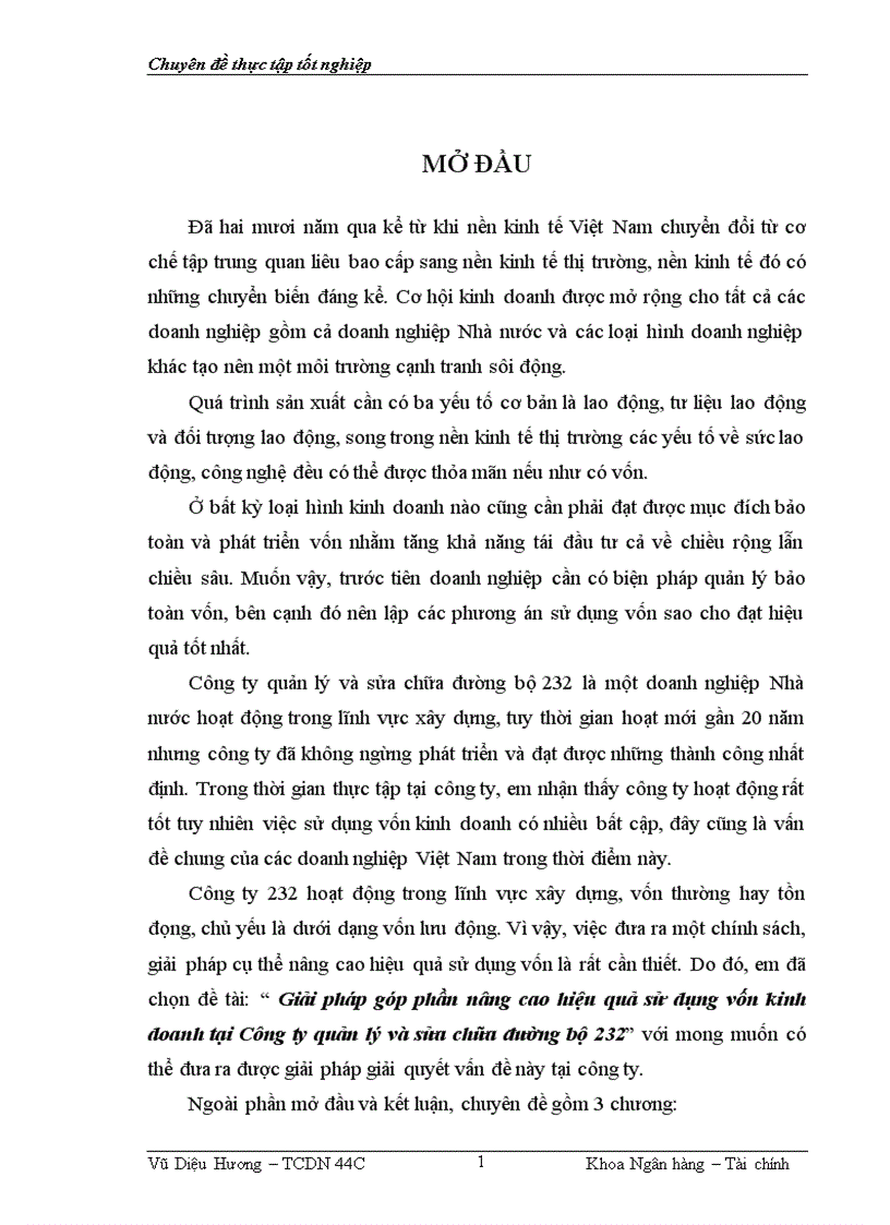 Giải pháp góp phần nâng cao hiệu quả sử dụng vốn kinh doanh tại Công ty quản lý và sửa chữa đường bộ 232