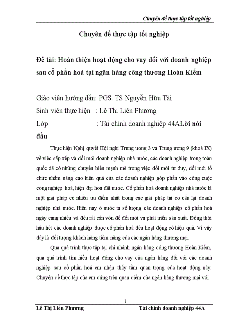 image for page Hoàn thiện hoạt động cho vay đối với doanh nghiệp sau cổ phần hoá tại ngân hàng công thương Hoàn Kiếm