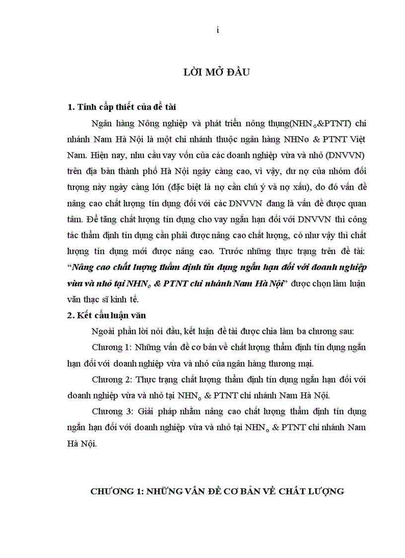 image for page Nâng cao chất lượng thẩm định tín dụng ngắn hạn đối với doanh nghiệp vừa và nhỏ tại NHNo&PTNT chi nhánh Nam Hà Nội