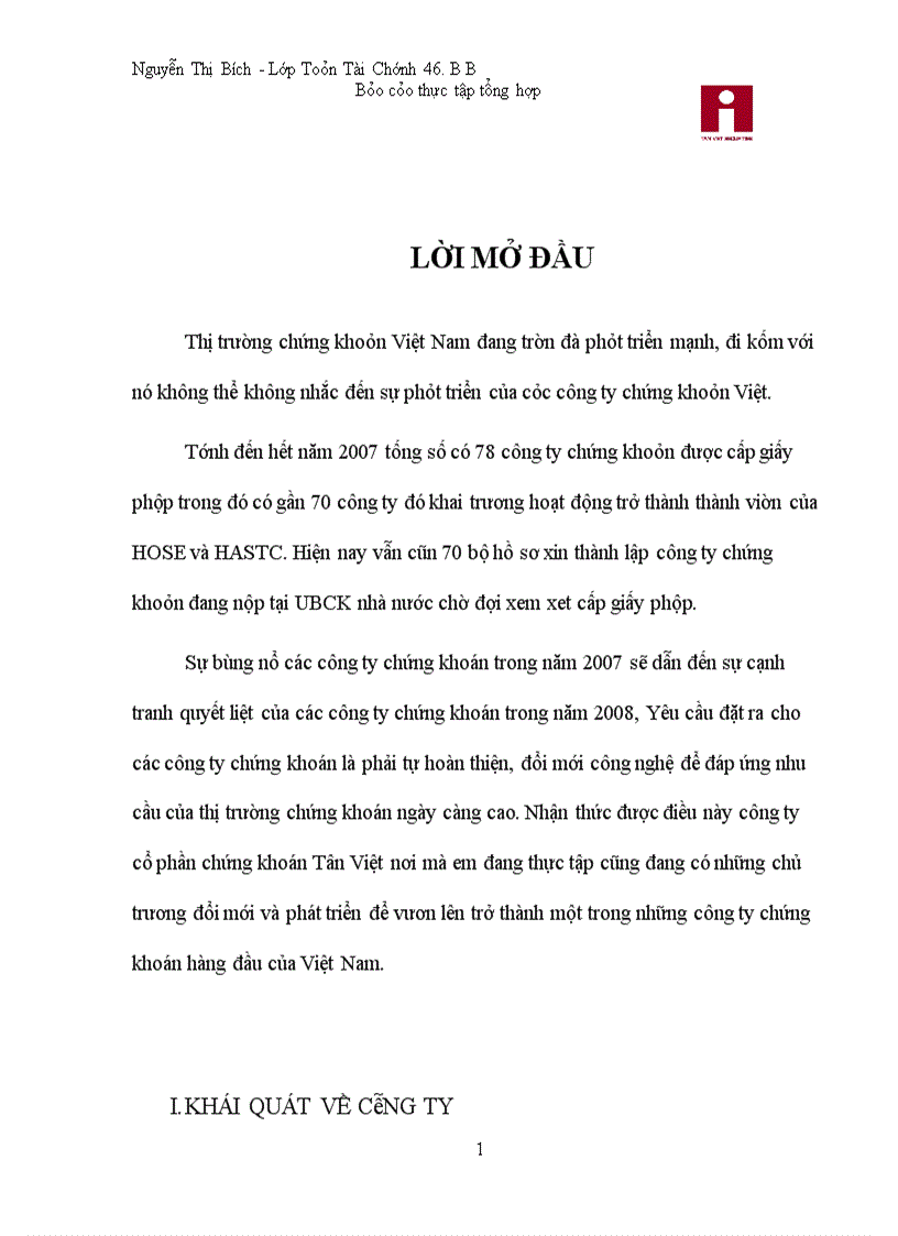 image for page Báo cáo thực tập tại Công ty cổ phần chứng khoán Tân Việt