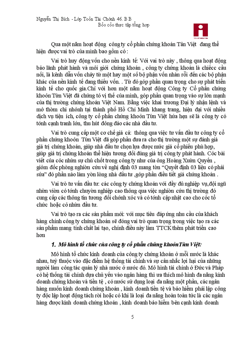 Báo cáo thực tập tại Công ty cổ phần chứng khoán Tân Việt