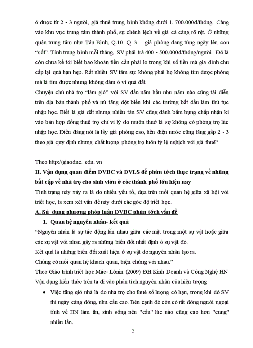 Vận dụng quan điểm dvbc và dvls để phân tích những bất cập về nhà trọ cho sinh viên ở các thành phố lớn hiện nay