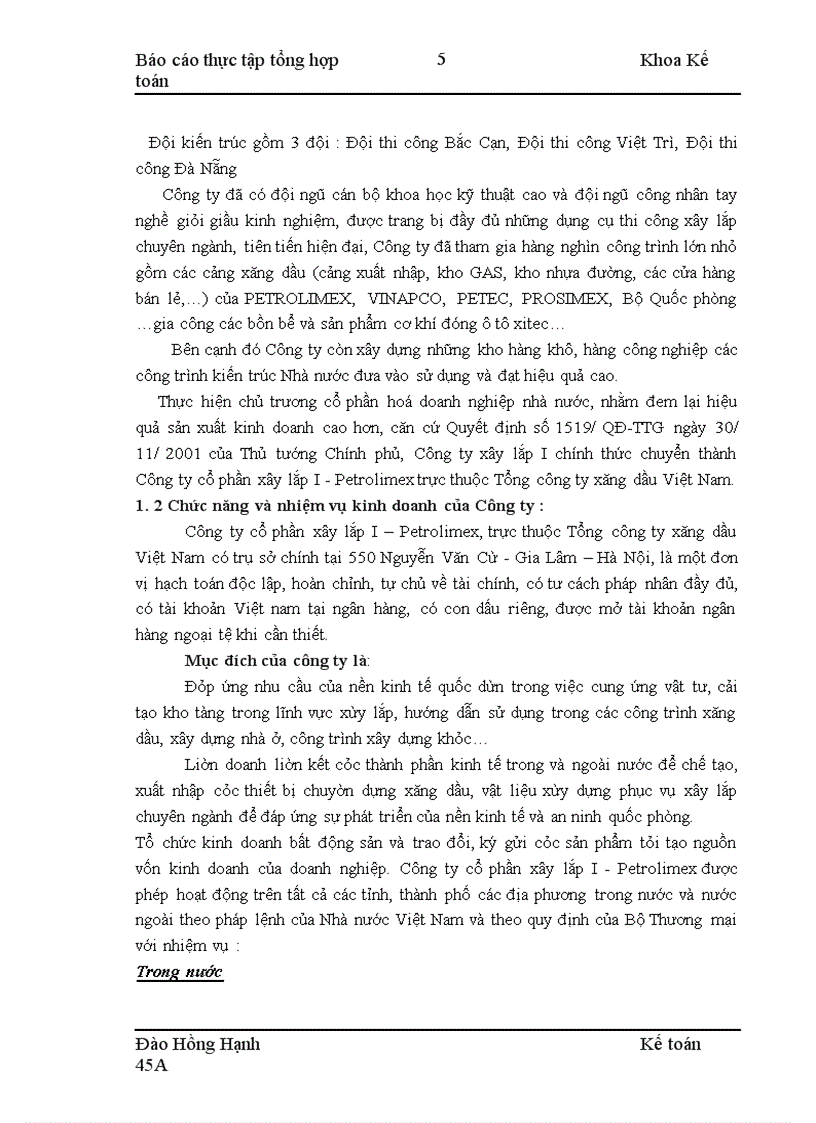 Báo cáo thực tập tổng hợp Công ty cổ phần xây lắp I - Petrolimex