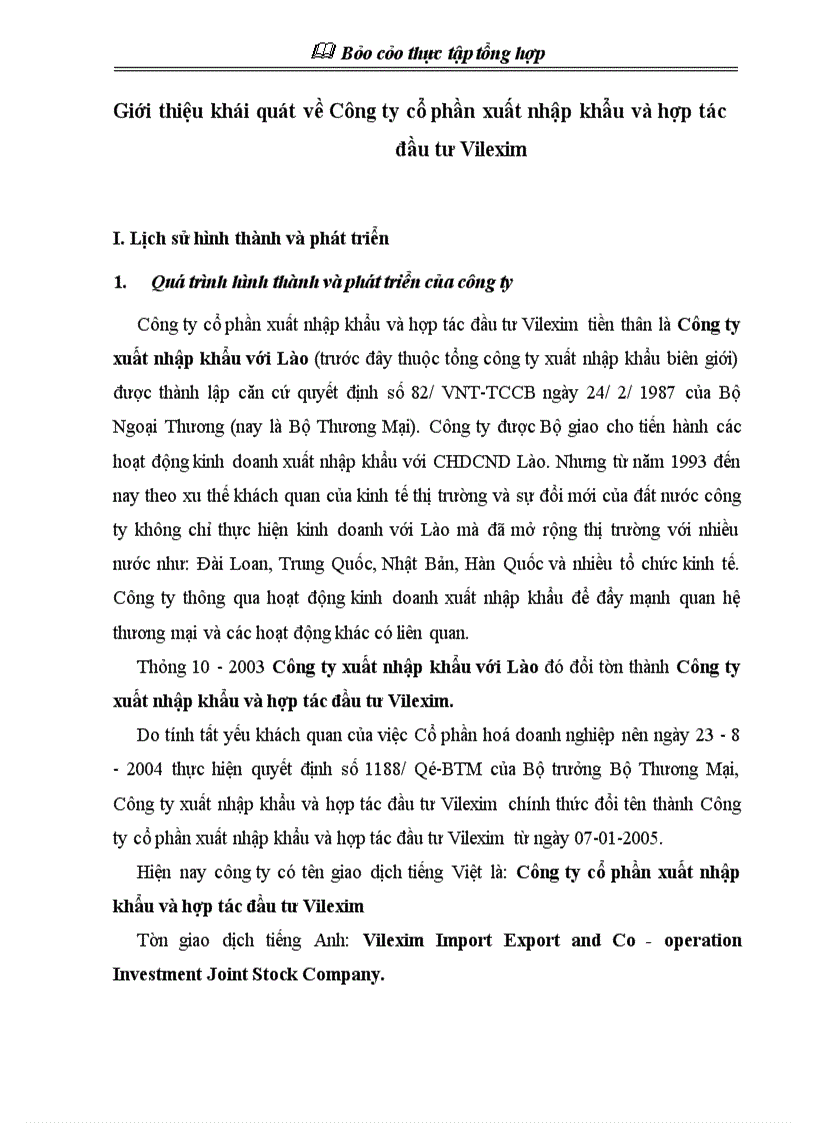 Báo cáo thực tập tổng hợp Công ty cổ phần xuất nhập khẩu và hợp tác đầu tư Vilexim