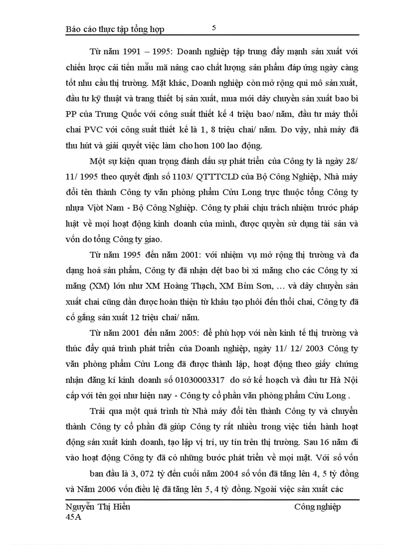 Báo cáo thực tập tổng hợp Công ty Cổ phần văn phòng phẩm Cửu Long.