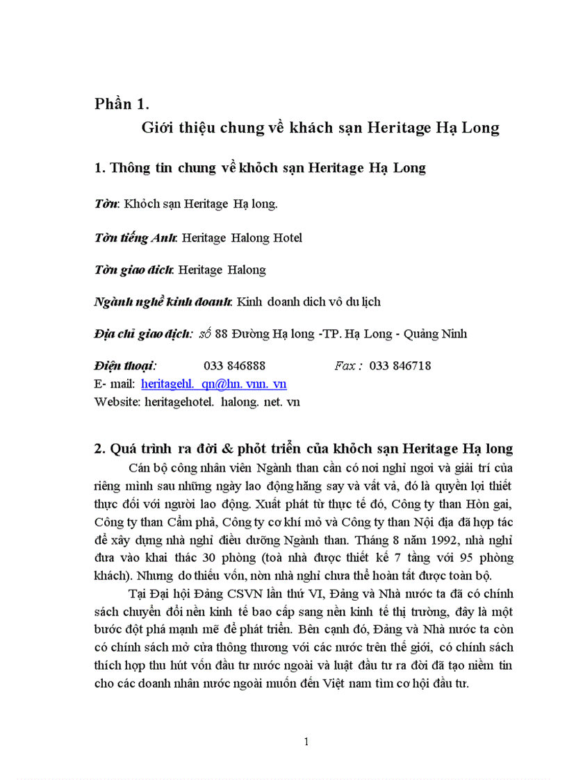 Báo cáo về khách sạn Heritage Hạ Long