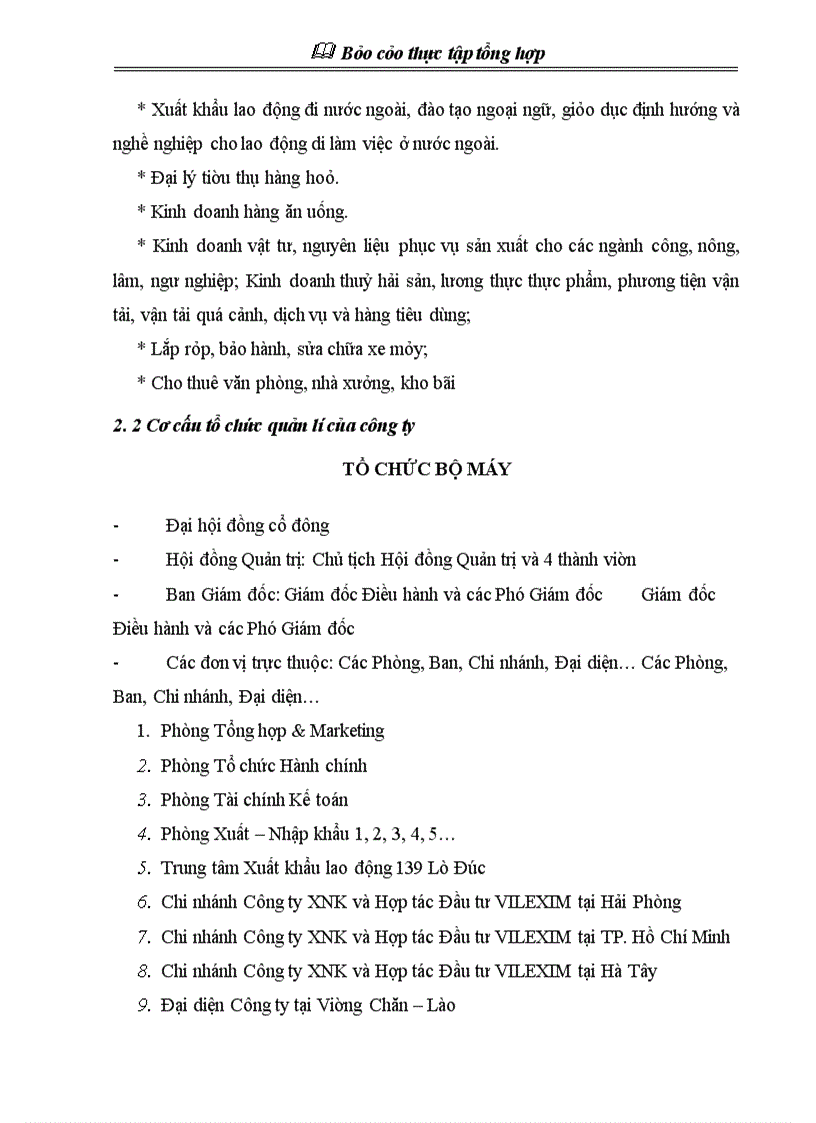 Báo cáo thực tập tổng hợp về Công ty cổ phần xuất nhập khẩu và hợp tác đầu tư Vilexim