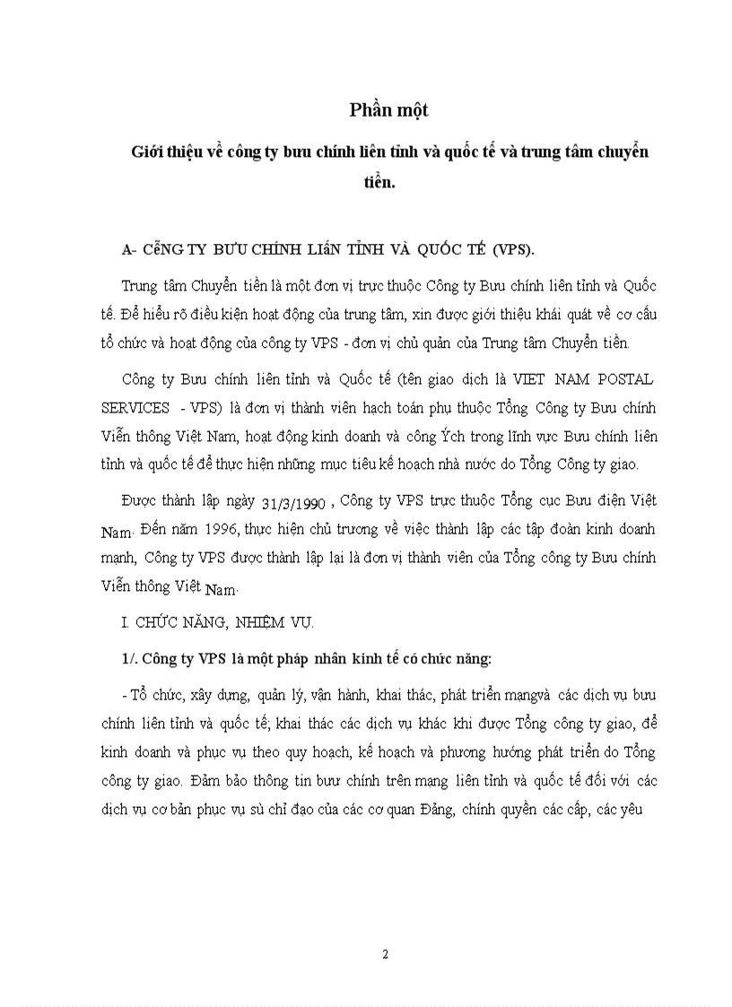 Báo cáo về công ty bưu chính liên tỉnh và quốc tế và trung tâm chuyển tiền