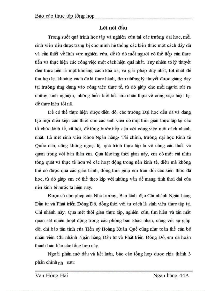 Thực tập tổng hợp Ngân hàng Đầu tư và Phát triển Việt Nam và Chi nhánh Đông Đô