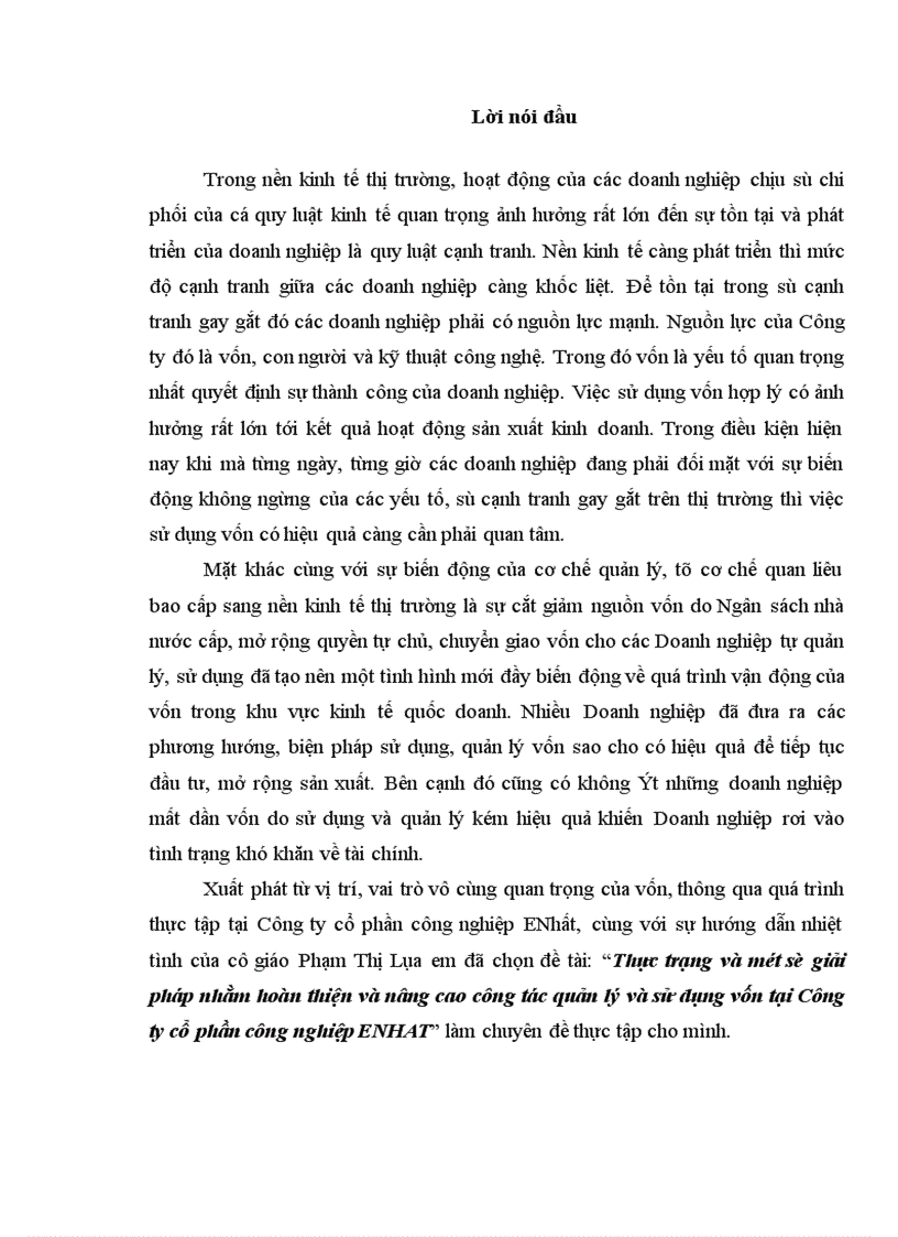 Thực trạng và một số giải pháp nhằm hoàn thiện và nâng cao công tác quản lý và sử dụng vốn tại Công ty cổ phần công nghiệp ENHAT