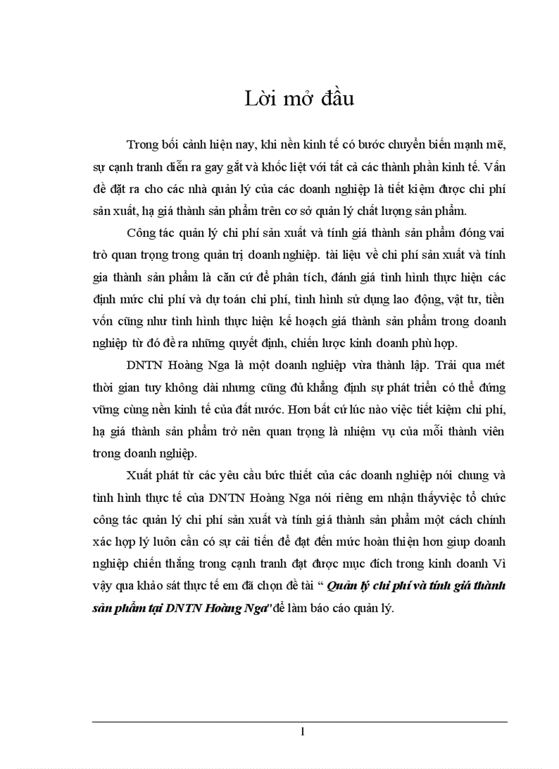 Quản lý chi phí và tính giá thành sản phẩm tại DNTN Hoàng Nga