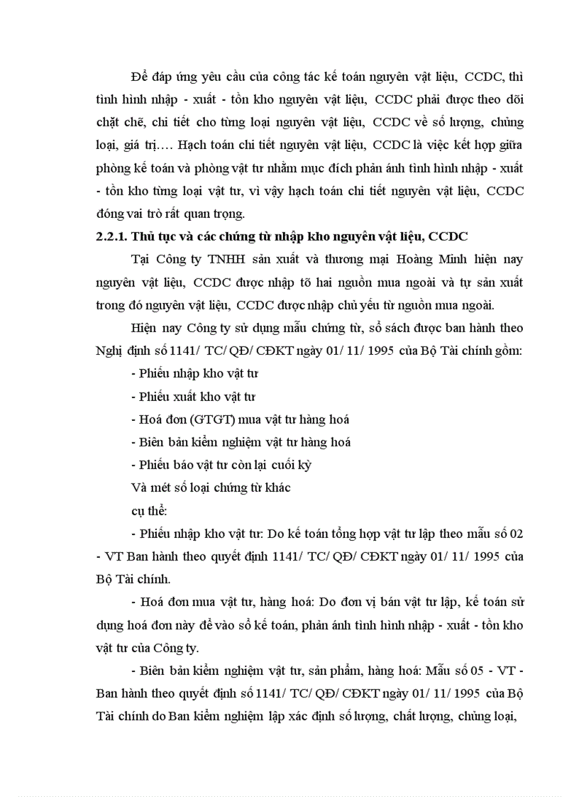 image for page Công tác kế toán nguyên liệu vật liệu và công cụ dụng cụ tại Công ty TNHH sản xuất và thương mại Hoàng Minh