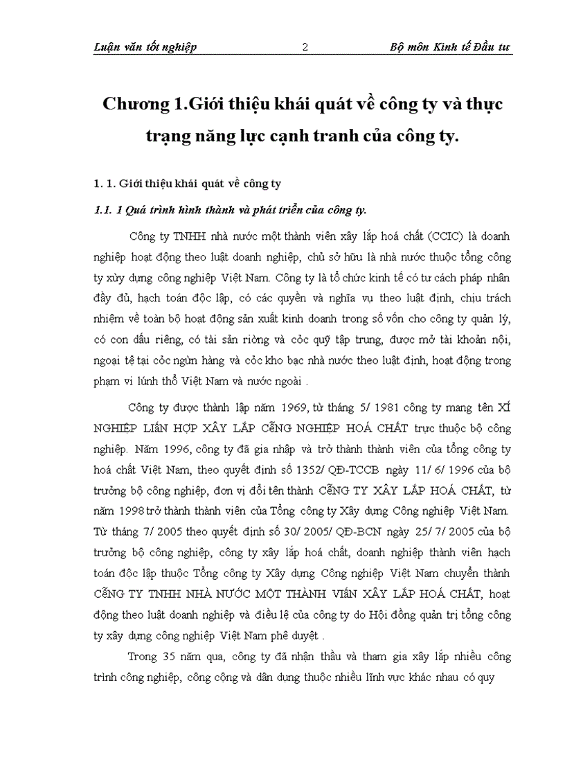 Thực trạng và giải pháp đầu tư nâng cao năng lực cạnh tranh của Công ty TNHH nhà nước một thành viên xây lắp hóa chất