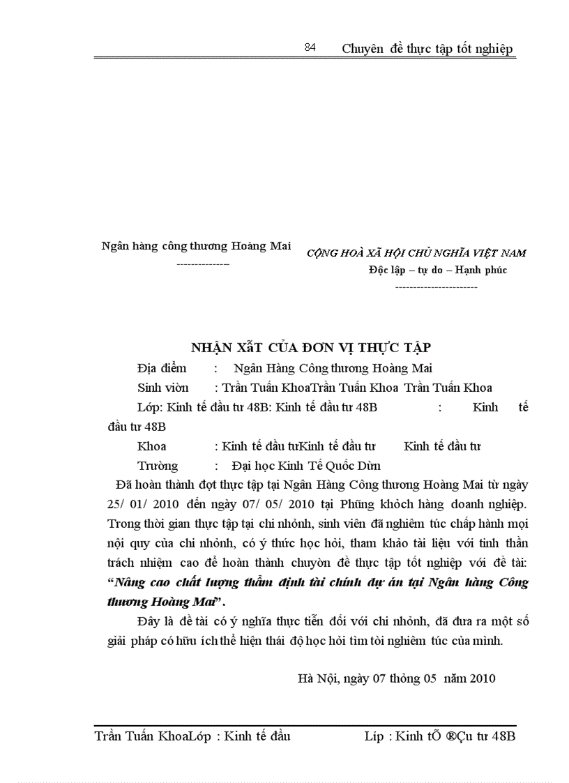 image for page Nâng cao chất lượng thẩm định tài chính dự án tại Ngân hàng Công thương Hoàng Mai