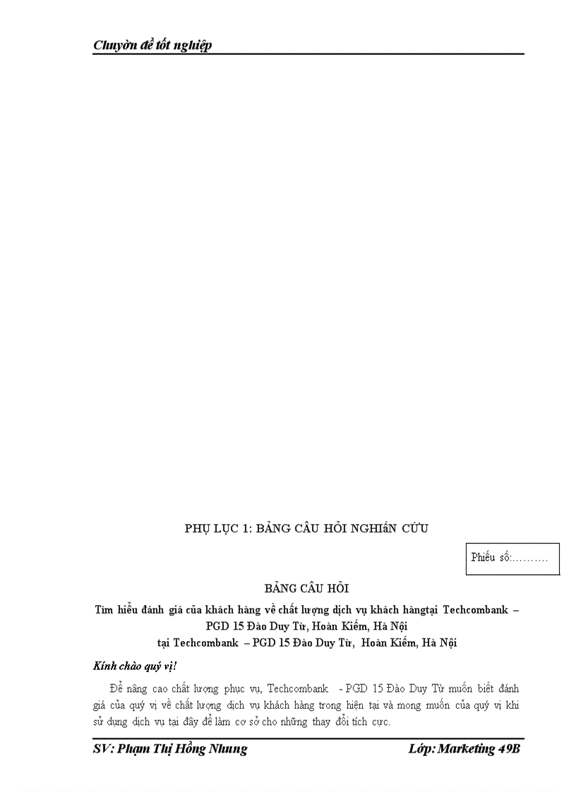 image for page Chất lượng dịch vụ khách hàng tại Phòng giao dịch của chi nhánh Techcombank số 15- Đào Duy Từ- Hoàn Kiếm-Hà Nội