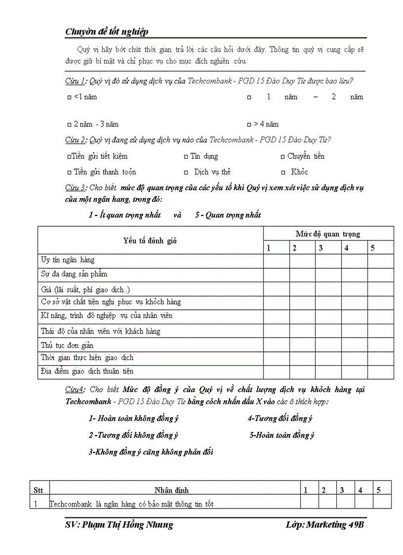 image for page Chất lượng dịch vụ khách hàng tại Phòng giao dịch của chi nhánh Techcombank số 15- Đào Duy Từ- Hoàn Kiếm-Hà Nội