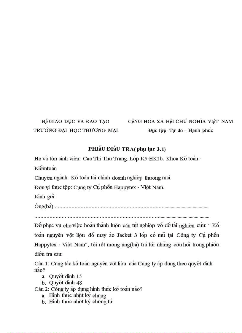 image for page Kế toán nguyên vật liệu để may áo Jacket 3 lớp có mũ tại Công ty cổ phần Happytex - Việt Nam