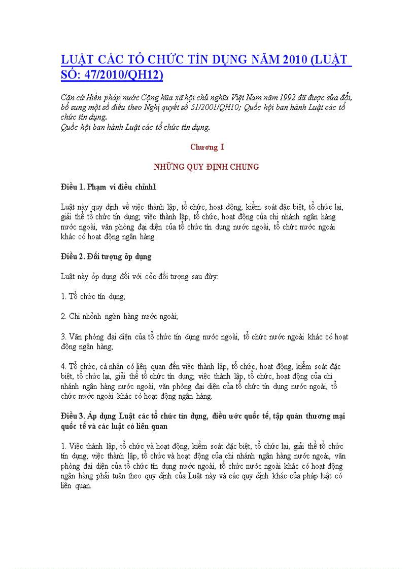 image for page Luật các tổ chức tín dụng năm 2010 (Luật số: 47/2010/QH12)