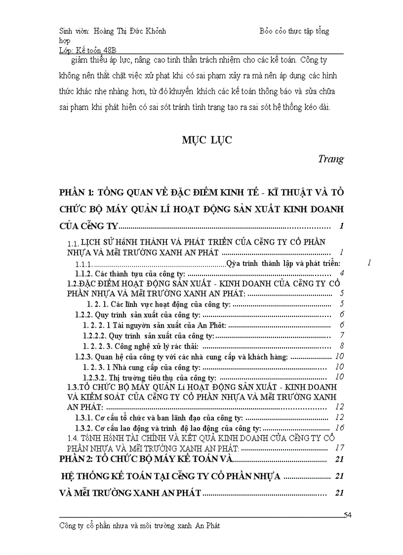 image for page Báo cáo thực tập tổng hợp Công ty cổ phần Nhựa và Môi trường xanh An Phát
